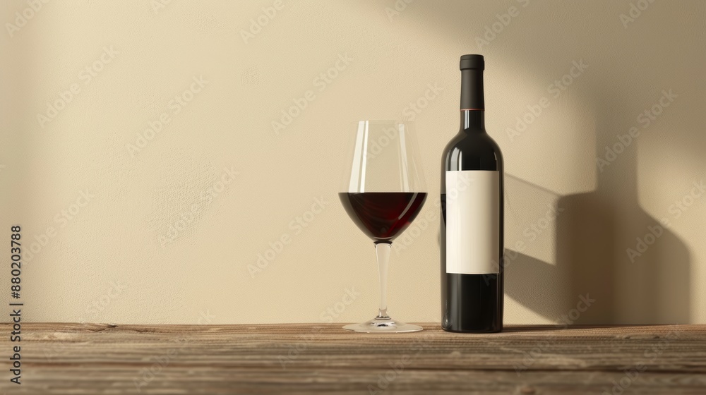 Red wine bottle and glass made from old wood on beige background for branding, identity and packaging. Red wine bottle and glass made from old wood on beige background for branding, identity and packaging.