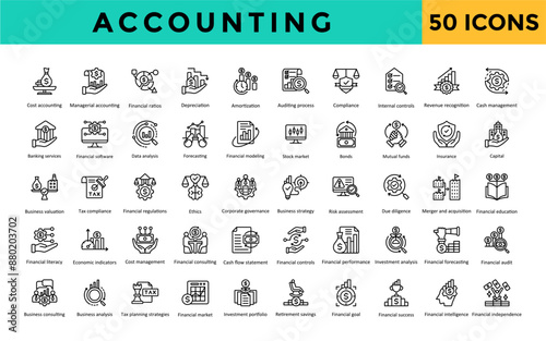 Accounting icon set with cost accounting, managerial accounting, financial ratios, depreciation, amortization, auditing process, compliance icon. Simple line vector