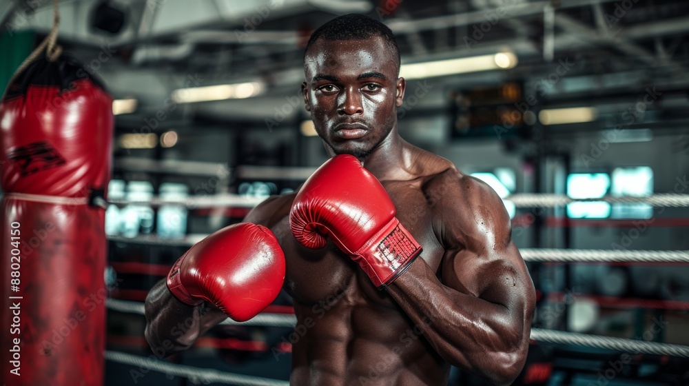 Boxing boxer poses shirtless, black African American boxer wearing red gloves in defensive pose ready to fight and punch at gym with kick bag and boxing equipment in background. Boxing boxer poses shirtless, black African American boxer wearing red gloves in defensive pose ready to fight and punch at gym with kick bag and boxing equipment in background.