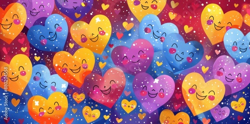 Happy Hearts with Smiling Faces on a Colorful Background