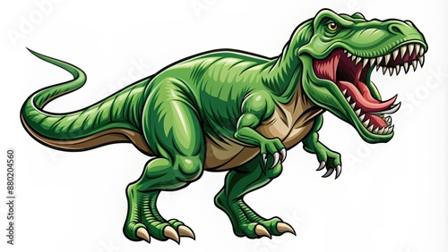 Fototapeta Naklejka Na Ścianę i Meble -  A ferocious, green, Tyrannosaurus Rex dinosaur stands alone, roaring with sharp teeth and claws, in a modern vector design logo.