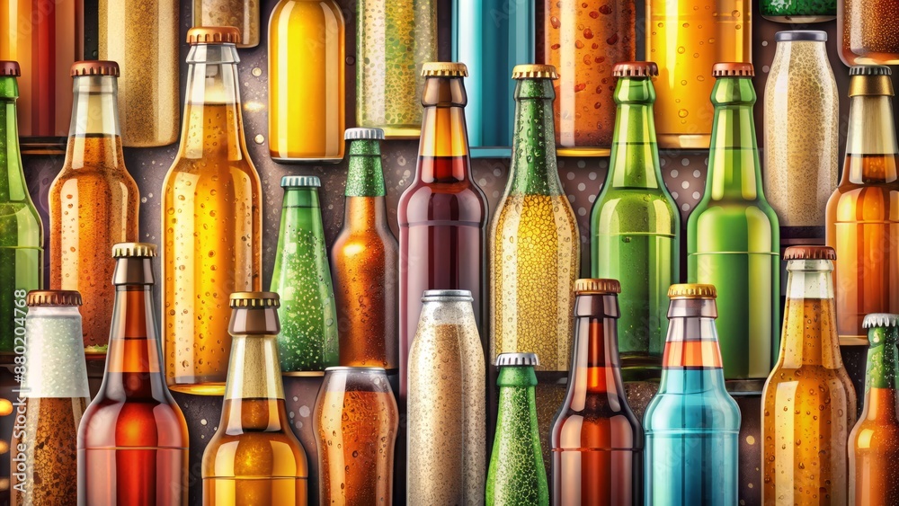 Vibrant illustration of assorted beer varieties in aluminum cans and glass bottles, forming a seamless square pattern for restaurant menus. Vibrant illustration of assorted beer varieties in aluminum cans and glass bottles, forming a seamless square pattern for restaurant menus.