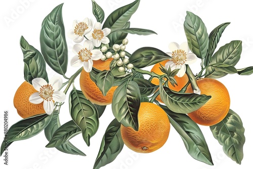 Orange fruit watercolor illustration isolated on white background. Blossom orange branch for labels, prints, banners, citrus wedding. Healthy food design elements