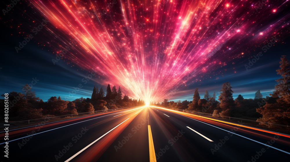 An empty road leading to a dazzling light explosion, surrounded by dark trees under a star-studded spectacle, generative ai An empty road leading to a dazzling light explosion, surrounded by dark trees under a star-studded spectacle, generative ai