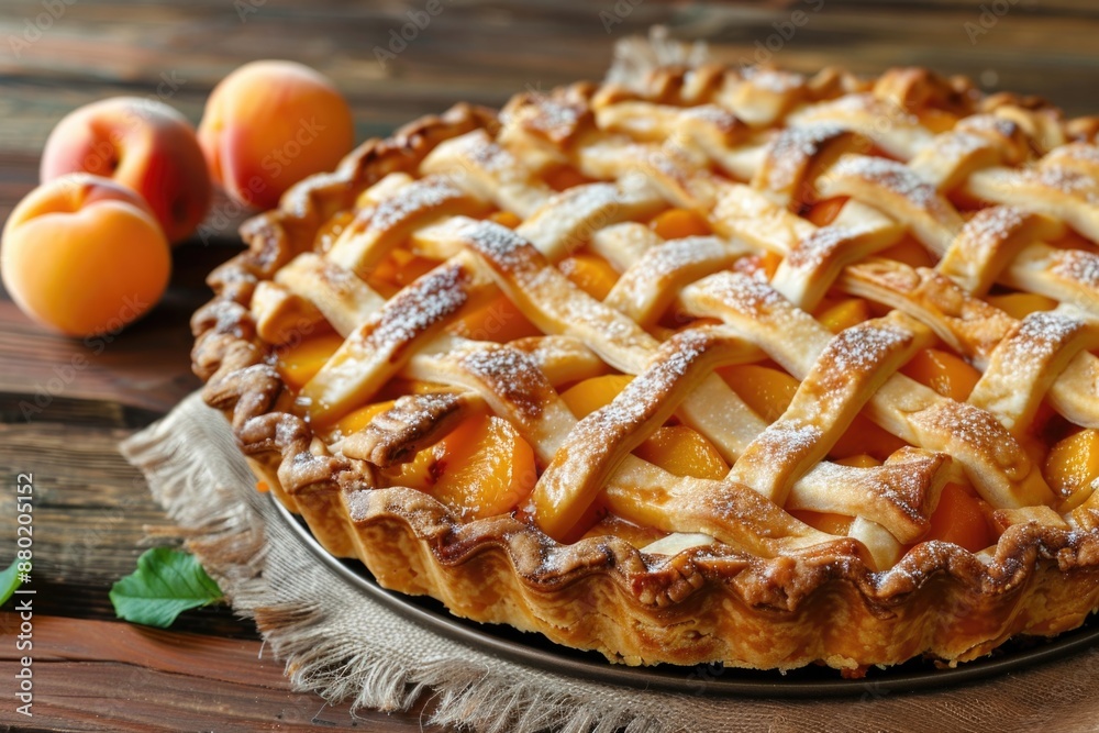 Peach Pie Delight. Homemade Baked Dessert with Sweet Flaky Crust