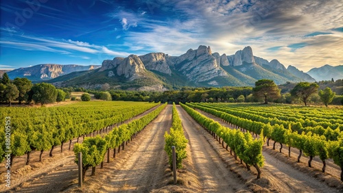 Vineyard rows with Alpilles mountains backdrop in Provence, Vineyard, Rows, Vines, Alpilles photo