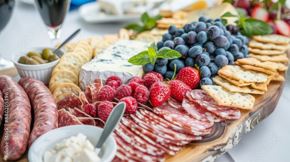 An exquisite display of culinary artistry featuring a charcuterie board with gourmet sausages, rare blue cheese, fresh berries, and organic crackers