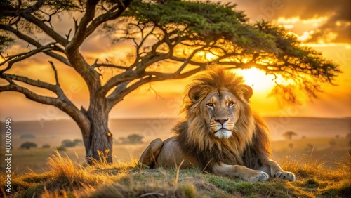 Magnificent male lion with shaggy mane resting regally under acacia tree's sprawling branches in golden savannah sunset landscape.
