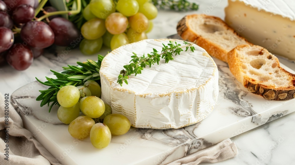 Brie cheese wheel with fresh herbs, grapes, and artisan bread, arranged on a marble platter in a sophisticated kitchen setting Brie cheese wheel with fresh herbs, grapes, and artisan bread, arranged on a marble platter in a sophisticated kitchen setting
