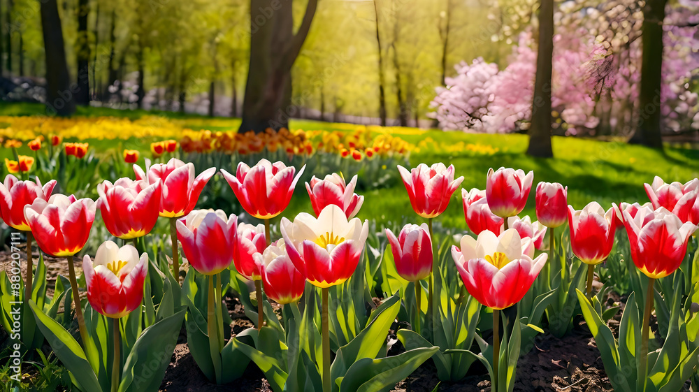 Free photo spring landscape with tulips and daisies generative AI