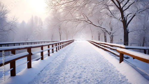 Free photo snow falling in park and a walking bridge in winter, winter landscape Generative AI 
