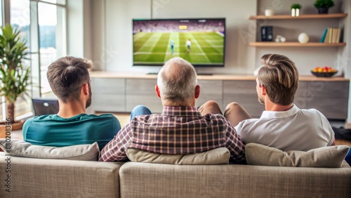 Rear view of men watching a football game on TV,<|start_header_id|><|start_header_id|>assistant<|end_header_id|> photo