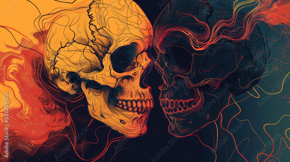 abstract depiction of a heart and a skull intertwined, using minimalistic shapes and lines to explore the connection between life and death abstract depiction of a heart and a skull intertwined, using minimalistic shapes and lines to explore the connection between life and death