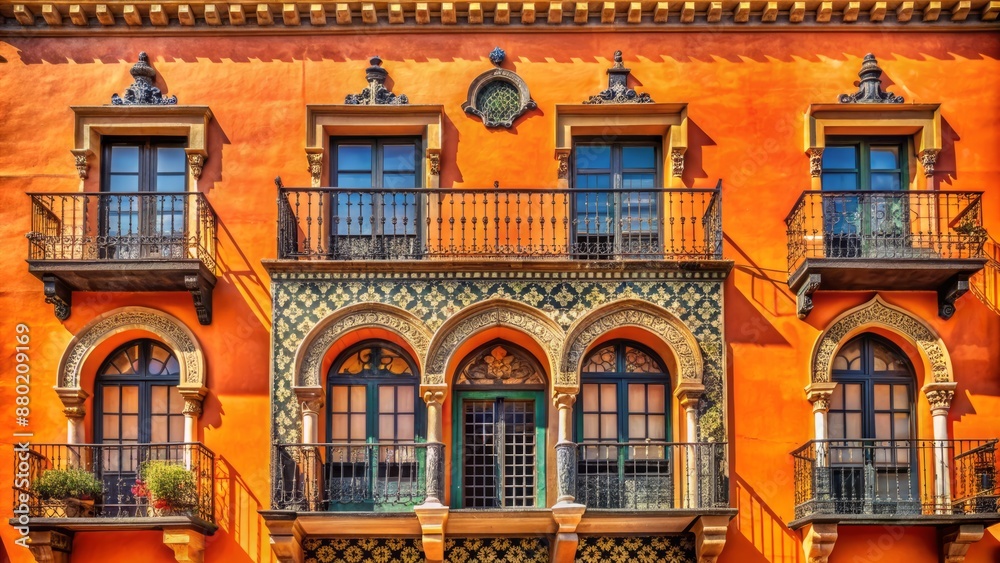 Fototapeta premium Vibrant orange-hued stucco facade adorned with ornate wrought iron balconies, arched windows, and Moorish-inspired tile work in a sun-kissed setting.