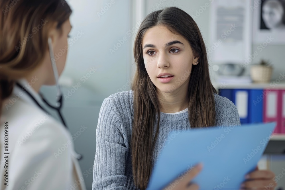 Fototapeta premium Young Woman Discussing Medical Records with Doctor