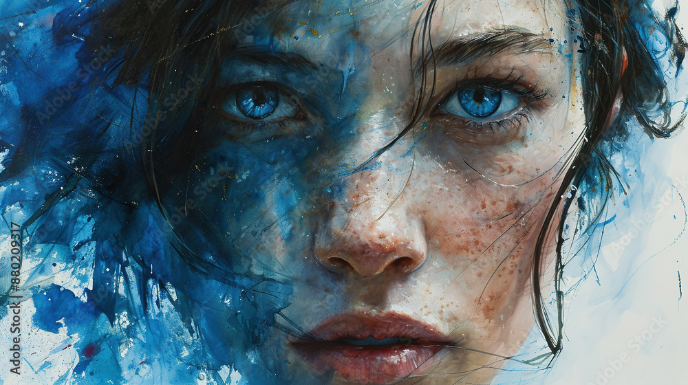 Blue Color Ink Splashes On A Beautiful Modern Young Girl Face With A Contemporary Style Abstract Painting On Canvas Blue Color Ink Splashes On A Beautiful Modern Young Girl Face With A Contemporary Style Abstract Painting On Canvas
