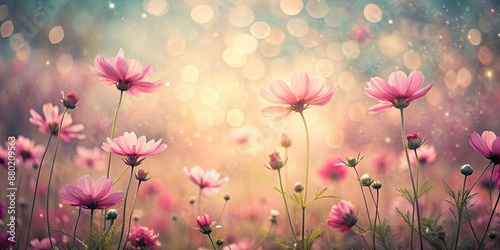 Serene field of pink flowers with a vintage, textured overlay, creating an ethereal atmosphere , ethereal, serene