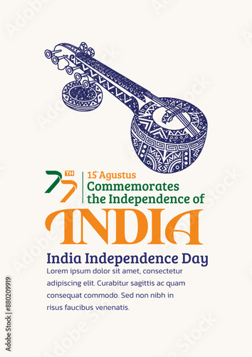 India Independence Day Poster. Hand-Drawn Saraswati veena with Trendy Stamp. 15th Agustus Celebration, 77th of india.