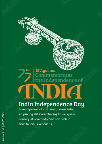 India Independence Day Poster. Hand-Drawn Saraswati veena with Trendy Stamp. 15th Agustus Celebration, 77th of india.
