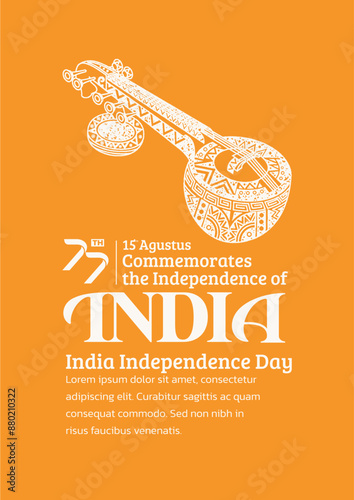 India Independence Day Poster. Hand-Drawn Saraswati veena with Trendy Stamp. 15th Agustus Celebration, 77th of india.