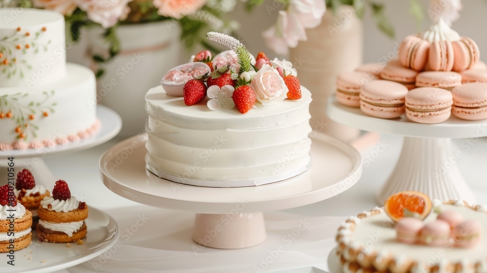 Elegant dessert buffet with a variety of mini cakes, macarons, and fruit tarts, decorated with fresh flowers and delicate icing details, captured in a modern, clean setting