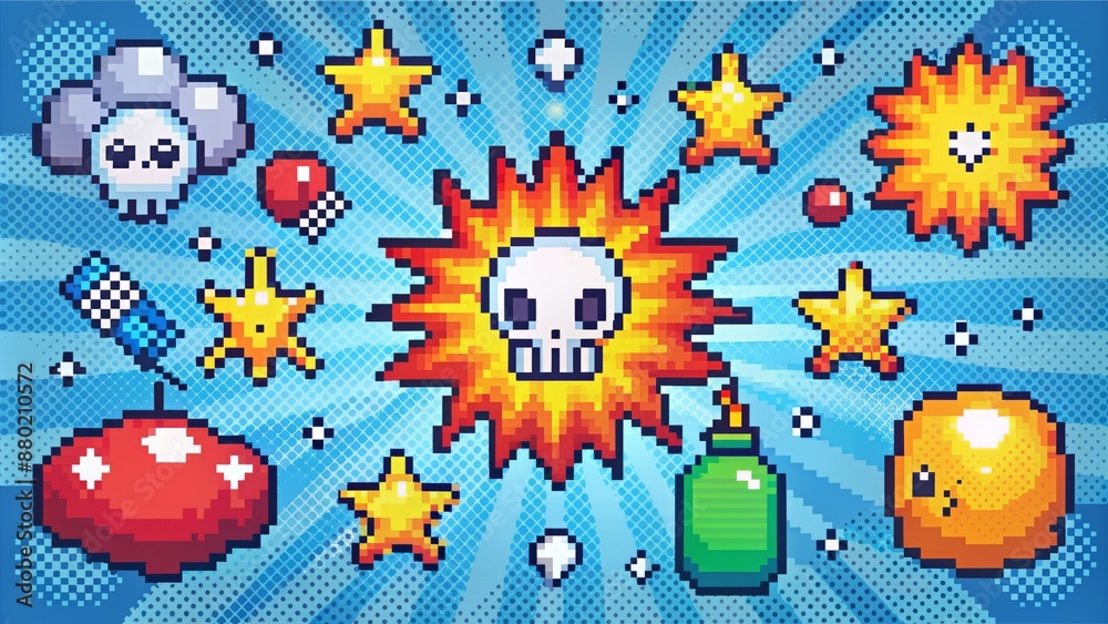 Vibrant 8-bit vector illustration featuring pixel art speech bubbles ...