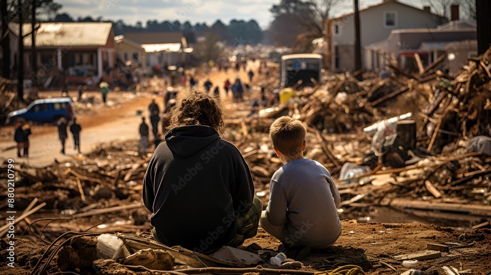 A man and a boy sit among the rubble, contemplating the aftermath of a tornado that has devastated their town. A man and a boy sit among the rubble, contemplating the aftermath of a tornado that has devastated their town.