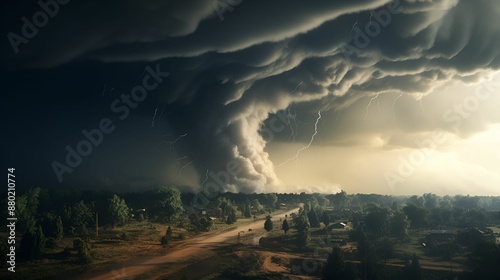 A powerful tornado sweeps through a rural area, with dark clouds and lightning illuminating the sky, highlighting the storm's intensity and the dramatic landscape.