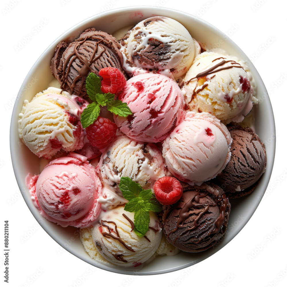 A delightful bowl of assorted ice cream scoops with chocolate drizzle, isolated on white background, transparent background A delightful bowl of assorted ice cream scoops with chocolate drizzle, isolated on white background, transparent background