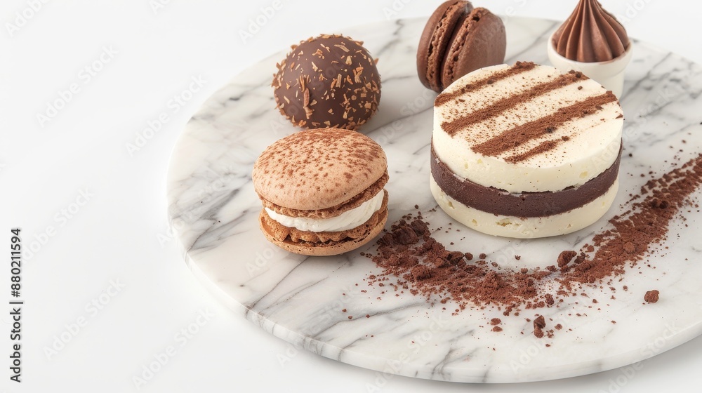 Gourmet dessert sampler with miniature tiramisu, macaron, and chocolate truffle, artistically arranged on a marble plate Gourmet dessert sampler with miniature tiramisu, macaron, and chocolate truffle, artistically arranged on a marble plate
