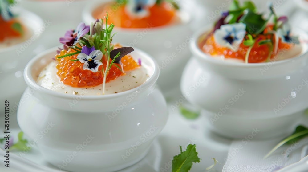 Gourmet hors d'oeuvres including rare edible flowers and pearls of balsamic caviar, delicately placed on fine bone china, amidst a luxurious garden party Gourmet hors d'oeuvres including rare edible flowers and pearls of balsamic caviar, delicately placed on fine bone china, amidst a luxurious garden party