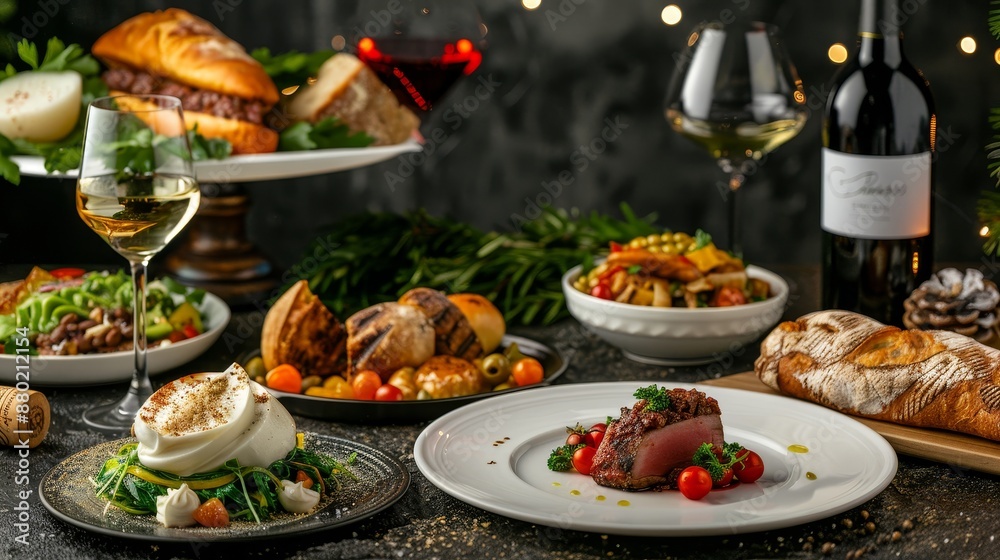 High-class cuisine displayed on an ornate table, featuring meticulously prepared dishes, artisan bread, and premium wine in a chic setting