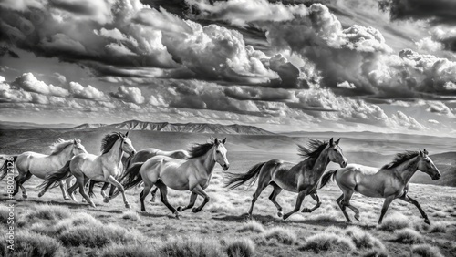 Majestic unbridled mustangs gallop freely in harmony on vast Pryor Mountain landscape amidst wispy clouds and rugged Wyoming terrain in monochrome.