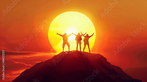 Three Climbers on summit of mountain against sun at sunset, success and togetherness illustration, spirit togetherness.