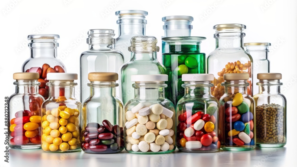 Assortment of transparent glass bottles containing various medications and pills, arranged neatly on a clean white background, isolated. Assortment of transparent glass bottles containing various medications and pills, arranged neatly on a clean white background, isolated.