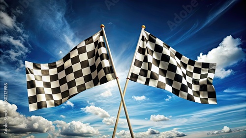 Two checkered flags flying in the air, one on the left and one on the right, checkered, flags, flying, air, race, competition