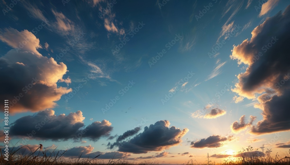 Naklejka premium Sunset Clouds Over Grassy Field.