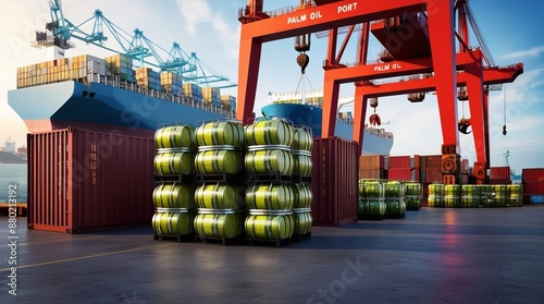 Commercial Port with Shipping Containers and Palm Oil Barrels