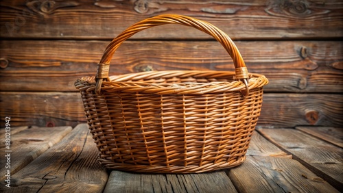 Natural woven wicker basket with wooden accents and handles sits isolated on a rustic wooden background surface alone.