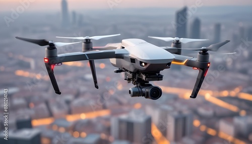 A drone with a camera flies over a city during dusk, with the buildings blurred in the background
