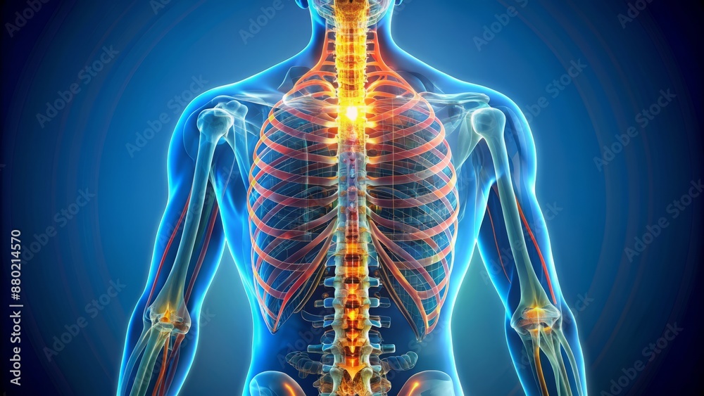 Detailed 3D illustration of human spinal cord and vertebral column showcasing cervical vertebrae anatomy in intricate skeletal system structure. Detailed 3D illustration of human spinal cord and vertebral column showcasing cervical vertebrae anatomy in intricate skeletal system structure.