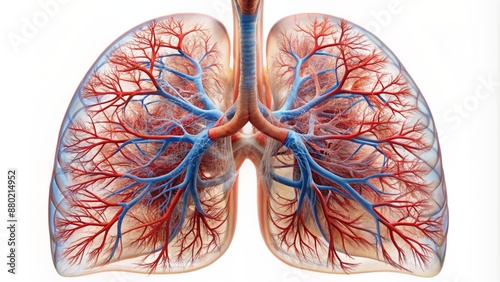 Authentic 3D illustration of human lungs showcasing bronchi, trachea, alveoli, and pulmonary vessels in precise anatomical detail, isolated on white.