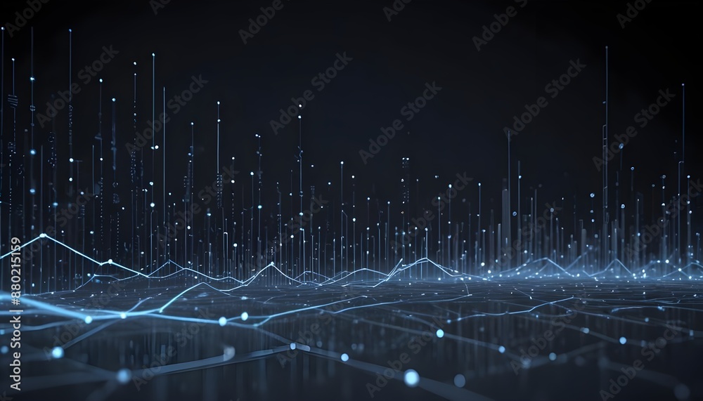 A digital landscape with white glowing lines and points, resembling a futuristic cityscape