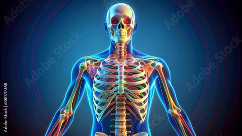 Colorful 3D animated illustration of human axial skeleton showcasing bones and joints in detailed anatomical structure rotation sequence.