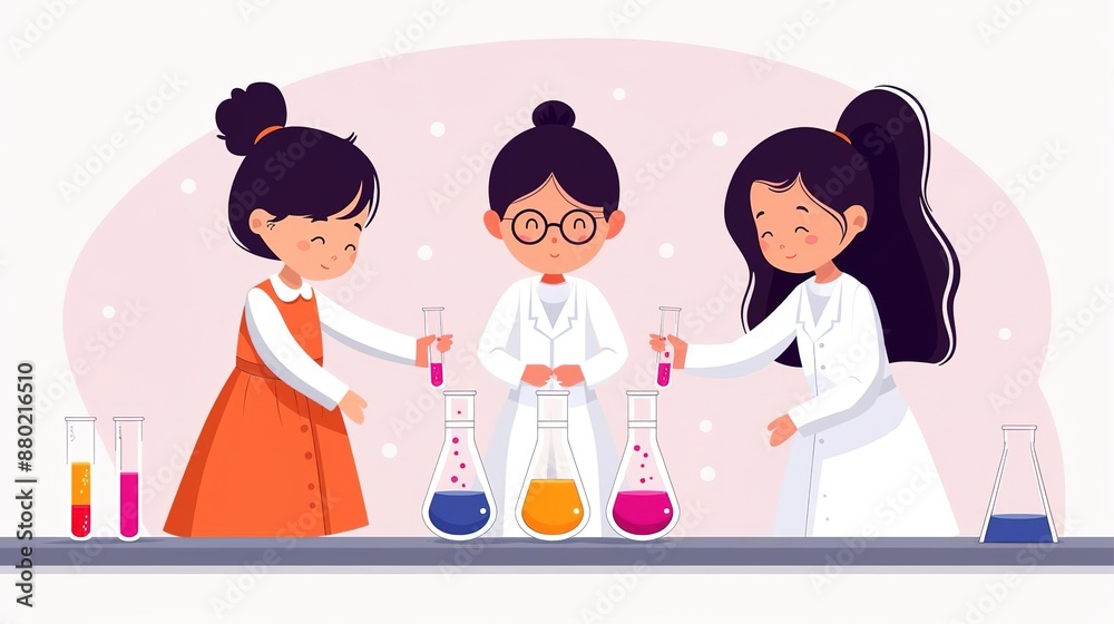 Three girls in lab coats conduct a science experiment with beakers and test tubes. Three girls in lab coats conduct a science experiment with beakers and test tubes.
