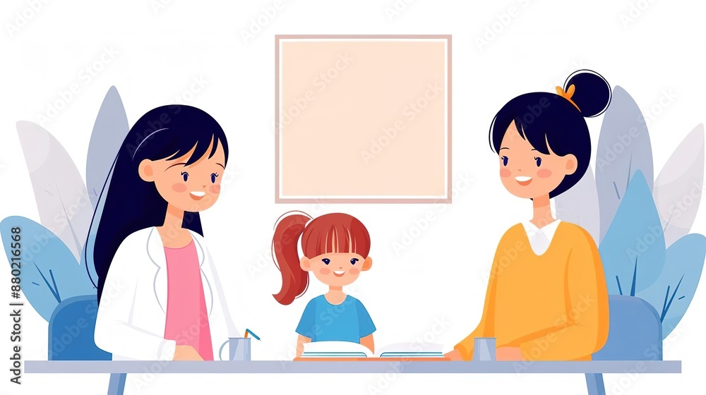 A doctor, a child, and a parent in a consultation room, with space for text A doctor, a child, and a parent in a consultation room, with space for text