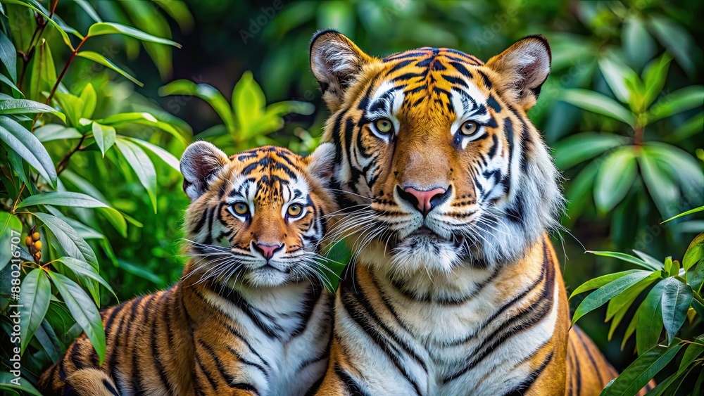 Fototapeta premium Tiger mother and cub in the jungle, displaying their deep bond and attentiveness amidst lush foliage, Tiger, mother, cub