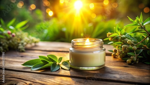 Warm golden light softly illuminates a serene skincare jar on a rustic wooden table surrounded by lush greenery and silence.