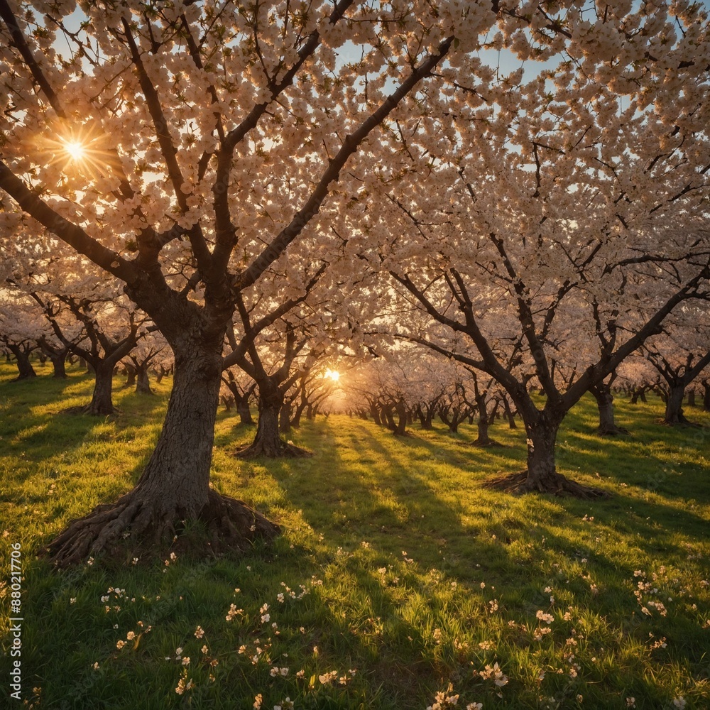 A tranquil cherry orchard at sunrise, with the golden light enhancing the cherry blossoms for National Cherry Day. A tranquil cherry orchard at sunrise, with the golden light enhancing the cherry blossoms for National Cherry Day.