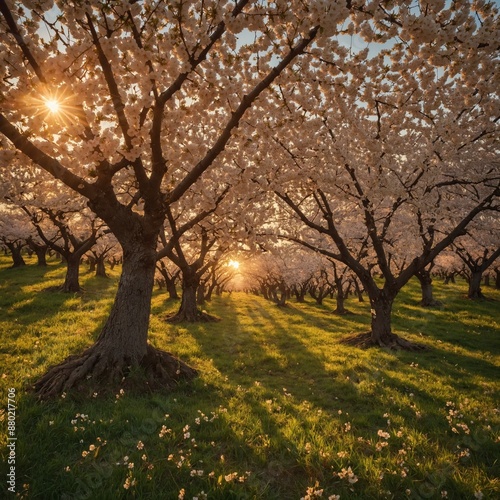 A tranquil cherry orchard at sunrise, with the golden light enhancing the cherry blossoms for National Cherry Day.